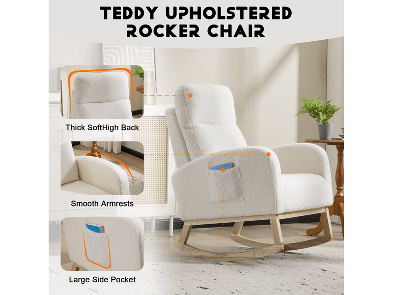  Fauteuil à bascule 75x63x104 cm – blanc – dossier haut ergonomique, poche latérale et tissu peluche doux  - Conforama D