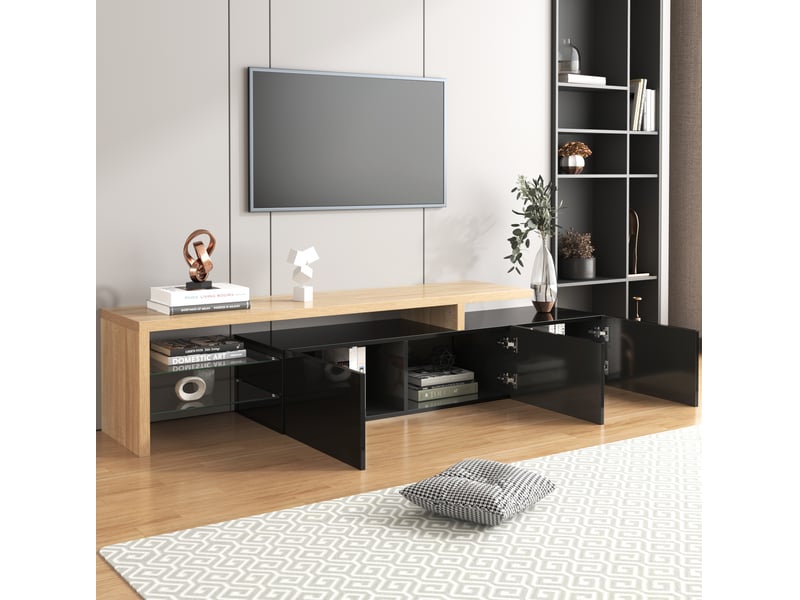  Meuble tv modenvie moderne 197,5 x 39 x 42 cm led 7 couleurs mdf et verre noir brillant bois naturel  - Conforama B