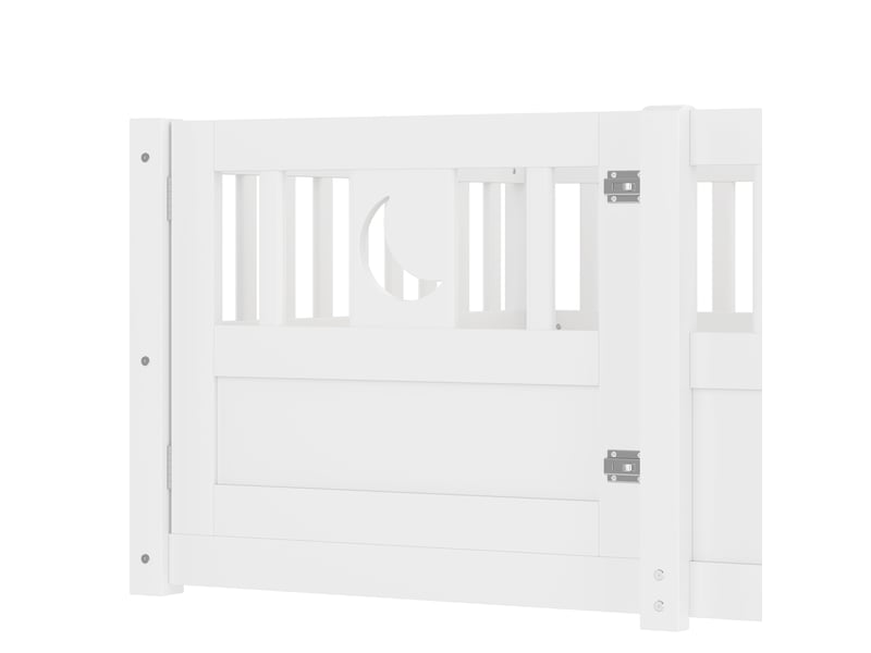  Lit simple 90 × 190 cm, pin massif, barrières avec porte, motifs étoiles et lune, sommier à lattes, blanc, 196 cm  - Conforama E