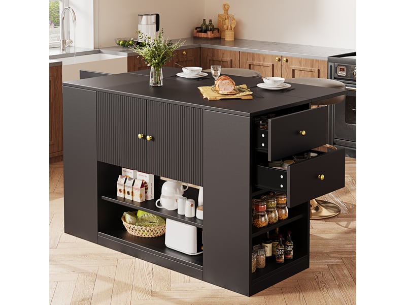  Îlot de cuisine rangement 140x40-70x90cm design moderne et élégant tiroirs plateau rabattable mdf et métal, noir  - Conforama D