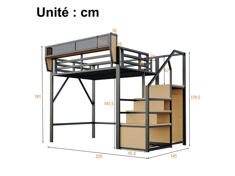  Lit mezzanine en métal, lit double avec étagère amovible et échelle, 140x200 cm, sans matelas, noir  - Conforama D