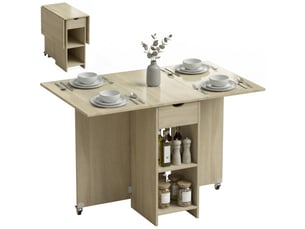 Table de salle à manger pliante pour 2 à 4 personnes, table roulante avec compartiment ouvert et tiroir, idéale pour les petits espaces, naturelle