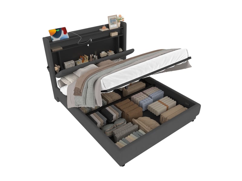 Lit coffre 140x200 cm rembourré avec rangement hydraulique, tête de lit avec étagères, LED, USB et Type-C Fay Lum - Conforama A