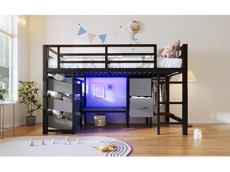  Lit mezzanine 90 × 200 cm, tiroir tissu, assise, crochets, led multicolore et garde-corps hauts, métal robuste, noir  - Conforama B