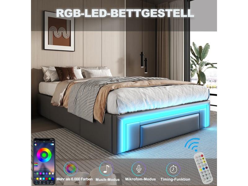  Lit simple 90x200 cm avec tiroirs et bande lumineuse led, cadre de lit adulte en métalliques, lit 1 personne en cuir pu, gris  - Conforama R