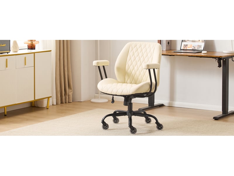  Fauteuil de bureau crème en cuir, réglable en hauteur, avec roulettes et accoudoirs amovibles  - Conforama D