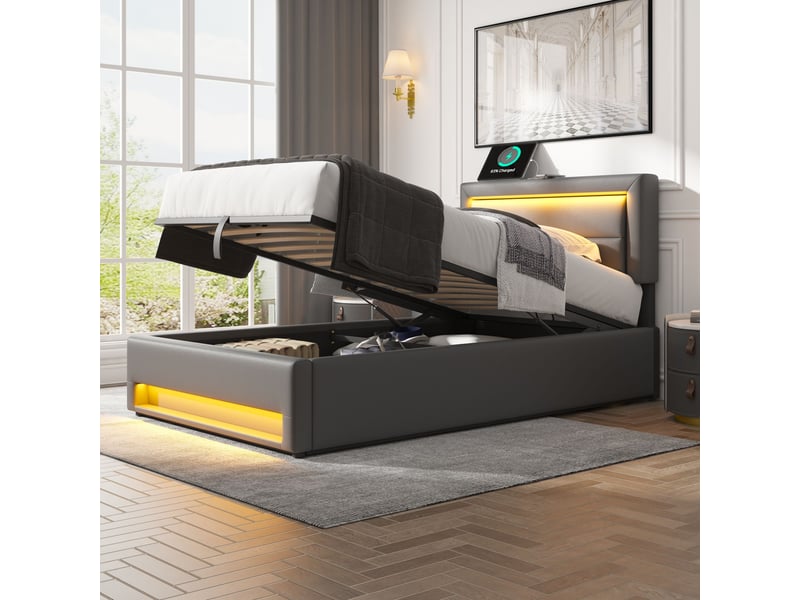  Lit capitonné 90x190 simili cuir gris avec éclairage led et port usb - rangement intégré  - Conforama B