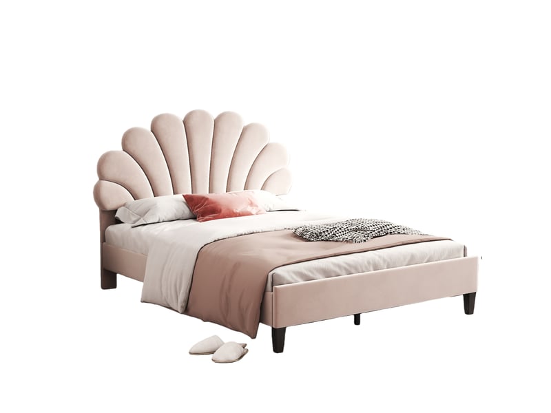  Lit double 140x200 cm - lit capitonné avec sommier à lattes et tête de lit, velours, confortable, beige, sans matelas  - Conforama A