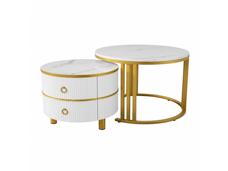  Ensemble de 2 tables basses rondes avec 2 tiroirs, blanc et doré, ø 70 et 50 cm  - Conforama A