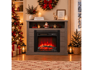 HOMAVO 18'' cheminée électrique grise avec meuble cheminée, 900 /1800 w avec 2 niveaux de chauffe, flammes 3d à 7 couleurs, télécommande + commandes sur panneau, minuterie 1–8 h, avec espace de rangement