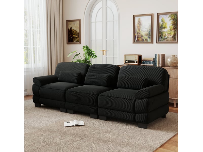 Canapé droit modulable 3 places en velours côtelé noir 265x88,5x94 cm - Conforama D