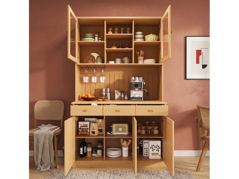 Buffet haut vitré avec tiroir, porte-verres, étagères réglables et prises pour salle à manger, 120 × 40 × 191 cm - Conforama D