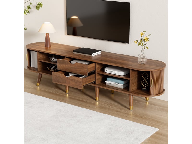  Meuble tv - 175x38x45cm - banc tv avec portes coulissantes à lattes, 2 tiroirs &amp; pieds embouts dorés - noyer foncée  - Conforama D