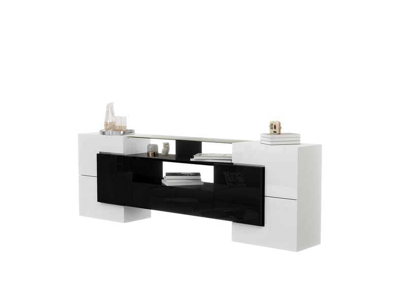  Meuble tv 200 cm blanc et noir brillant avec led, 6 portes et 2 tiroirs  - Conforama A