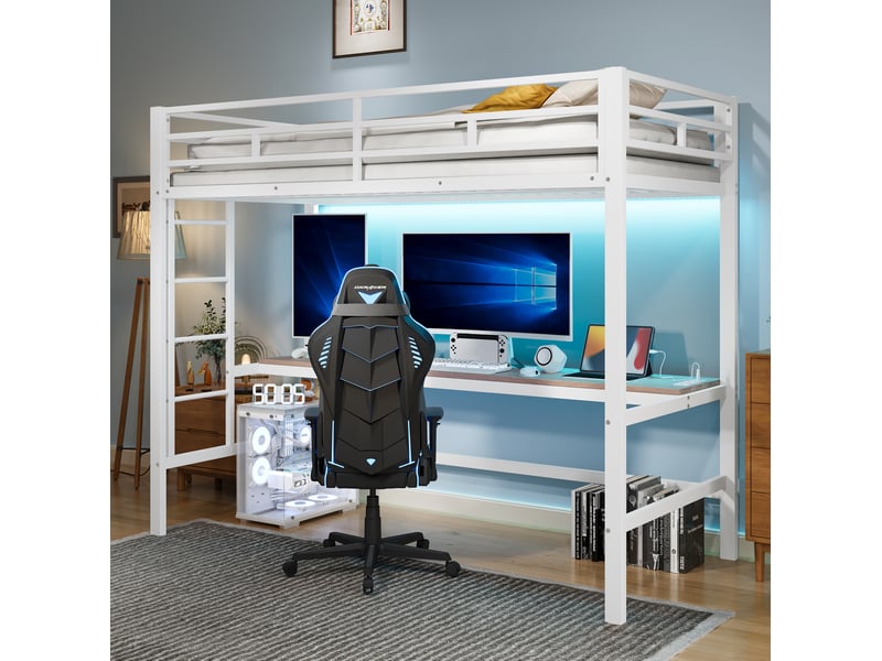  Lit mezzanine enfant 90 x 200 cm avec bureau, led 7 couleurs, métal blanc  - Conforama B