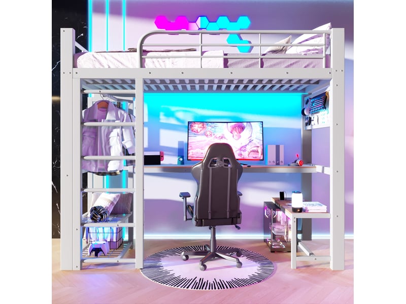  Lit mezzanine modenvie 90 x 200 cm en métal avec bureau, led, rangements et barre de penderie, blanc  - Conforama D