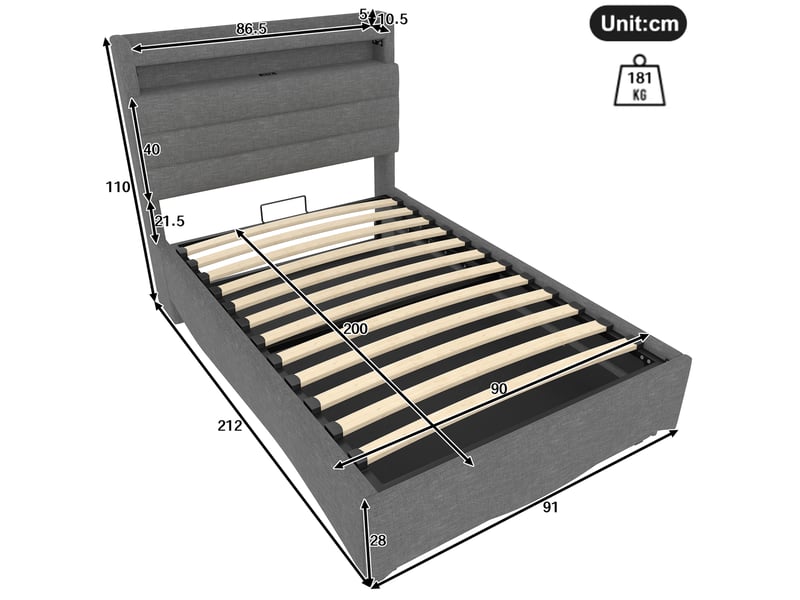  Lit coffre 90x200 cm en lin gris avec led, usb et type-c, tête de lit avec rangement  - Conforama C