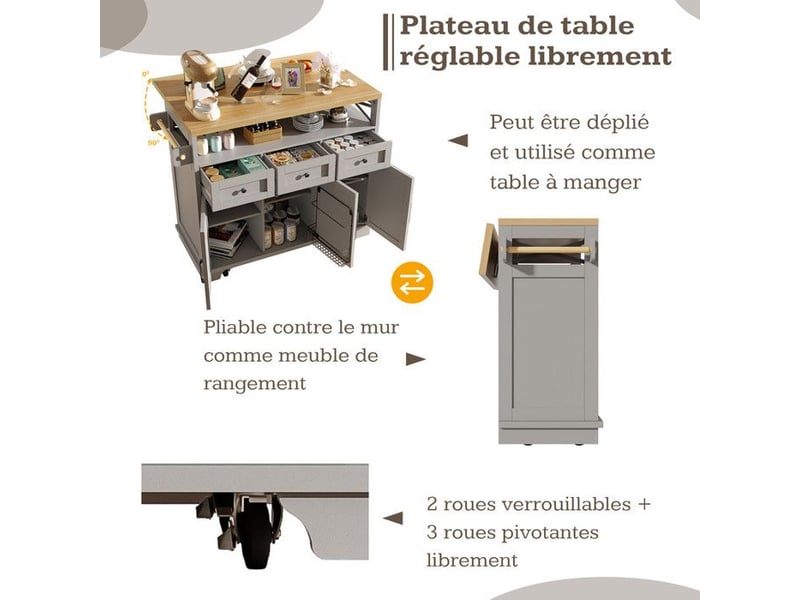  Îlot de cuisine  - moderne - gris - espace de rangement - roues - desserte à roulettes  - Conforama D