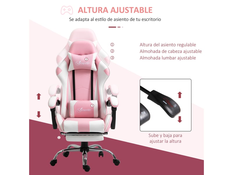 Fauteuil de jeu inclinable avec repose-pieds, accoudoirs avec appui-tête, coussin lombaire et hauteur réglable, 64 x 67 x 127 cm, rose - Conforama E