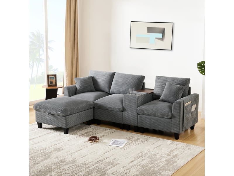  Canapé d'angle modenvie modulable 4 places en velours côtelé gris avec console usb et pouf de rangement  - Conforama D
