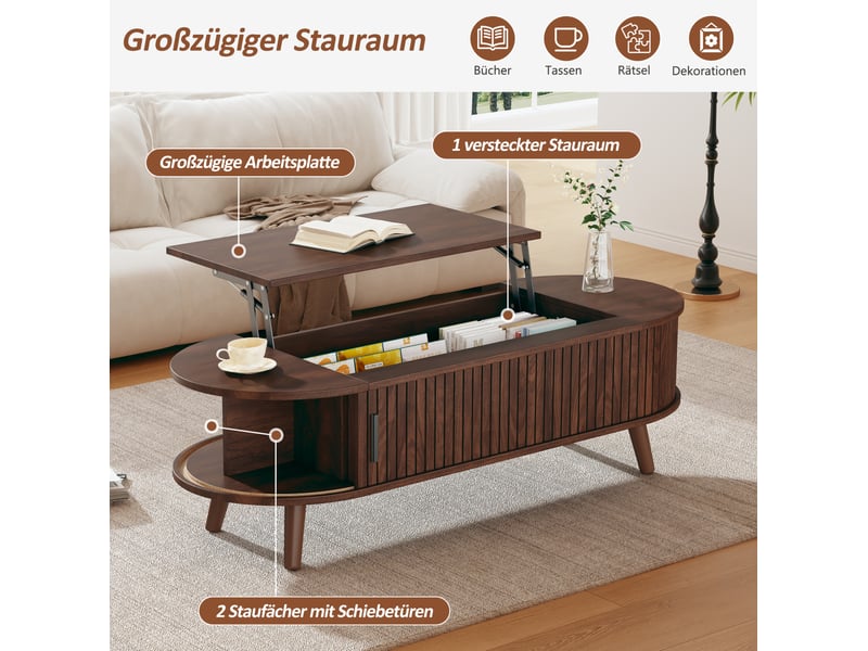  Table basse relevable avec plateau relevable, rangement caché et 4 niches latérales, style noyer, en mdf, noyer  - Conforama E