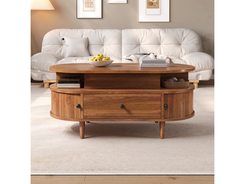  Table basse ovale 105 x 50 x 60,5 cm avec plateau relevable hydraulique, rangement caché, 2 niches, tiroir et portes coulissantes, mdf, noyer OMNIGLINT TRADING LTD - Conforama C