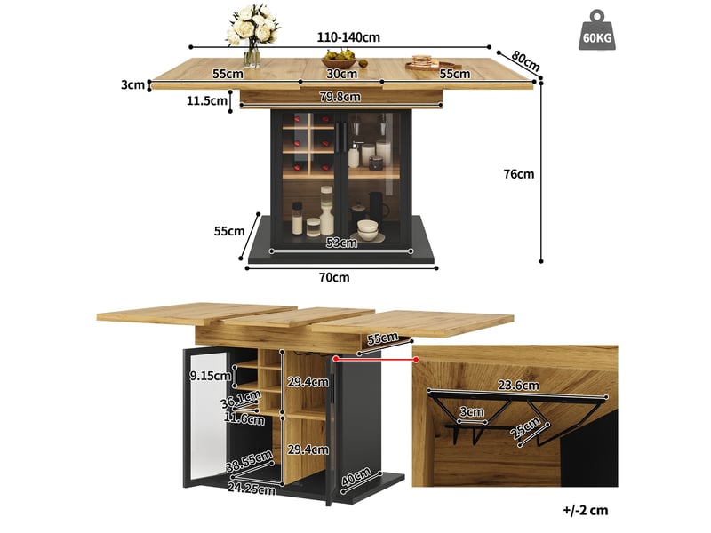  Table à manger extensible, 110-140 x 80 cm,  pour 4 à 6 personnes, table avec casier à bouteilles, noir  - Conforama C