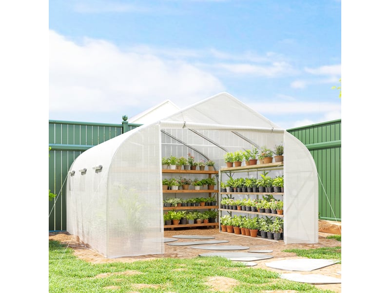 Serre tunnel 6 fenêtresporte enroulable, petubes métalliques, plantesfruits, 4,5x3x2 m, blanche. - Conforama C