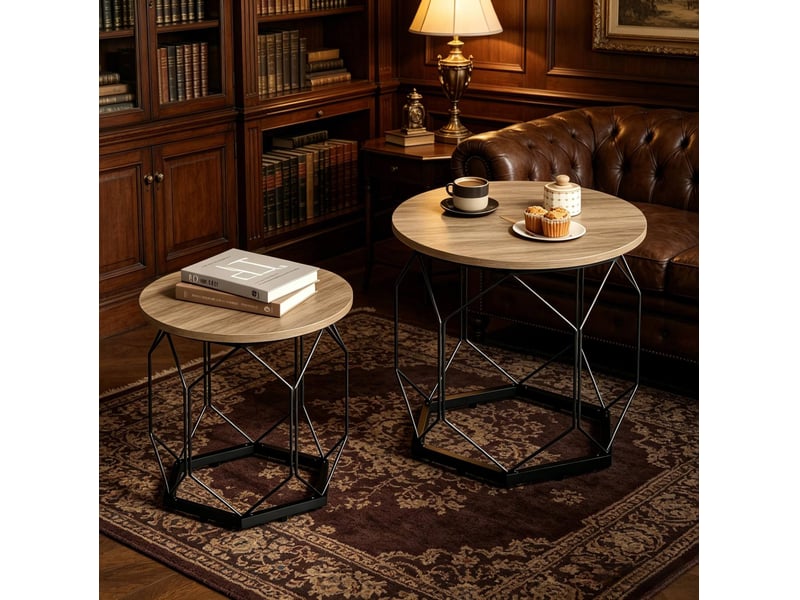  Tables basses gigognes rondes avec plateau amovible et niche de rangement pour salon, style moderne, gris et bois  - Conforama C