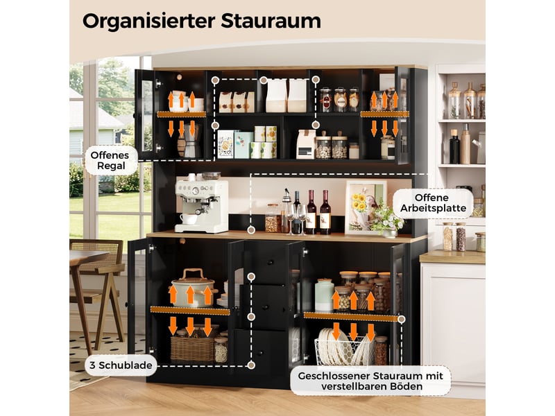  Buffet haut de cuisine 150x40x173 cm avec led rgb, 2 prises et 2 usb, 6 portes acrylique, 3 tiroirs, étagères réglables, noir et bois naturel  - Conforama E
