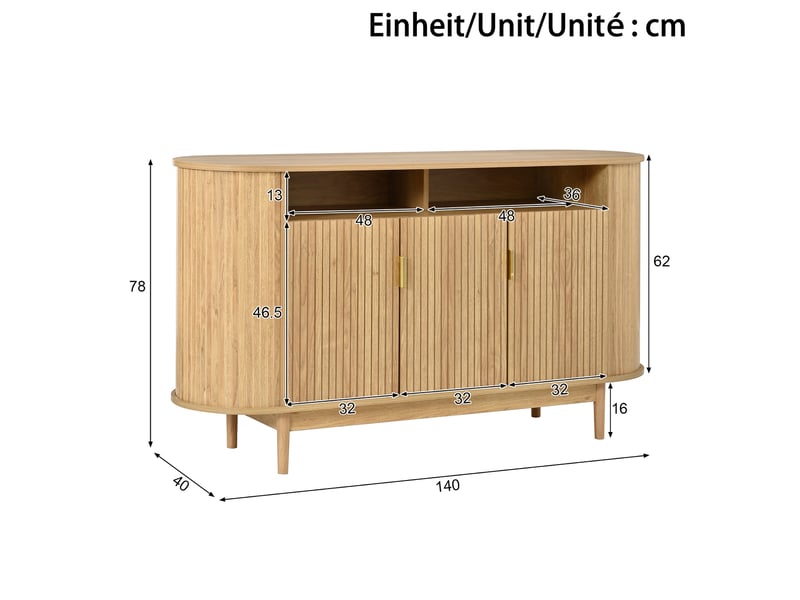  Buffet 3 portes 140 cm meuble de rangement salon avec lignes verticales naturel  - Conforama C