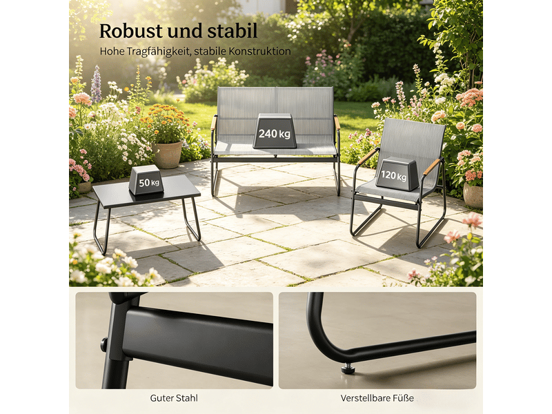 Salon de jardin avec canapé 2 places, 2 fauteuils et table basse en métal, verre trempé et polyester gris  - Conforama E