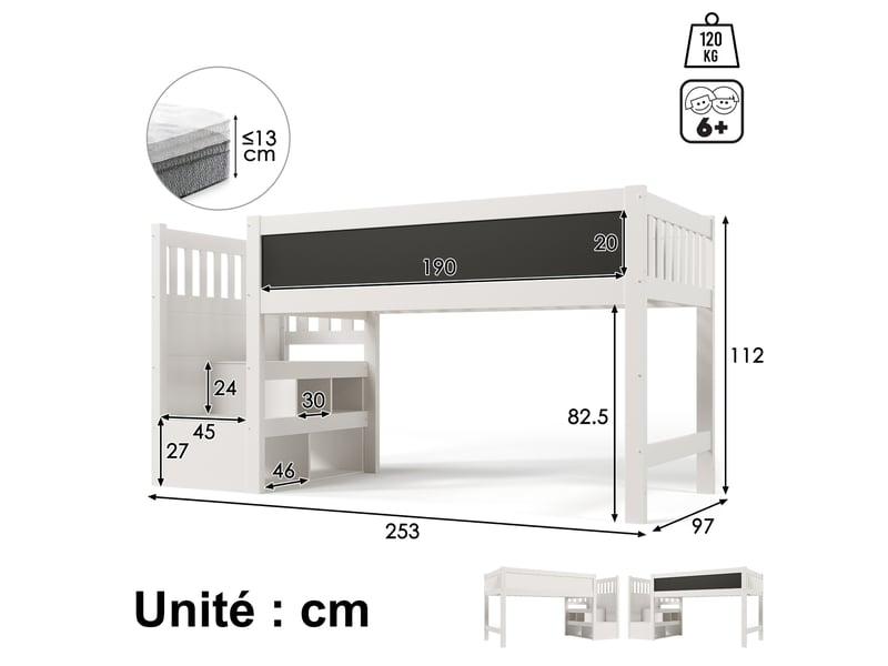  Lit mezzanine en bois et mdf, lit simple avec escalier réversible, 4 niches et tableau, 200x90 cm, sans matelas  - Conforama D