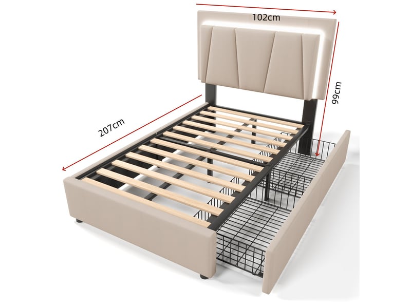  Lit enfant capitonné,90x200 cm,avec led,tête réglable,2 tiroirs,bois,beige,matelas inclus  - Conforama C