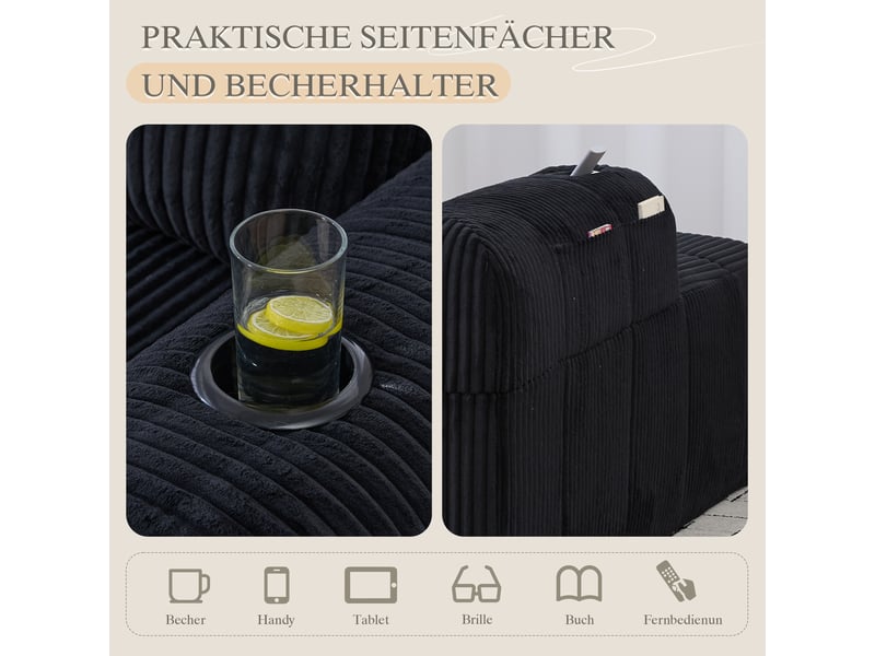  Canapé 2 places en velours côtelé noir avec porte-gobelets intégrés et poches latérales pratiques  - Conforama R