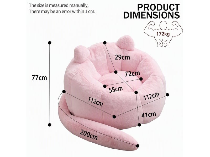  Fauteuil pouf modenvie en forme de chat avec longue queue, velours rose, 112 x 112 x 77 cm  - Conforama C