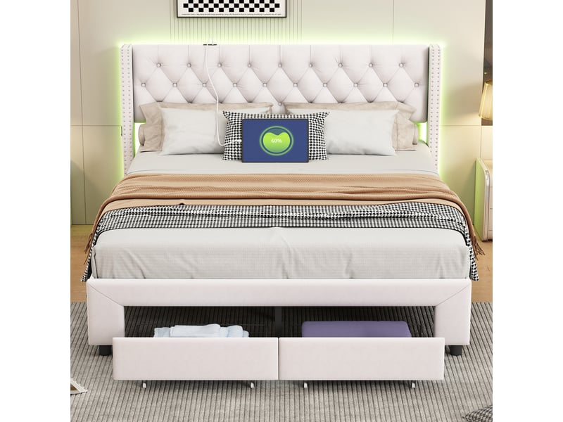 Lit double coffre 160x200cm, tête de lit cloutée décorative, 2 tiroirs, bandeau led, port usb et poche de rangement, velours beige, matelas non inclus  - Conforama B