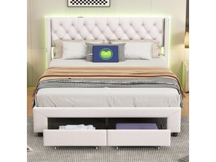 Lit double coffre 160x200cm, tête de lit cloutée décorative, 2 tiroirs, bandeau led, port usb et poche de rangement, velours beige, matelas non inclus