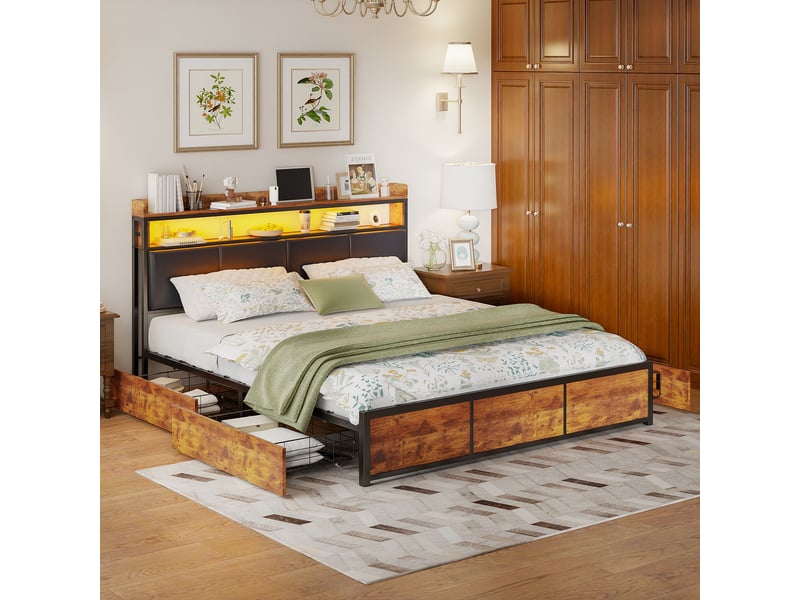  Lit double en fer et bois - 160x200 cm noir mat et brun rustique - led rvb variable - tiroirs de rangement - tête de lit avec étagères  - Conforama C