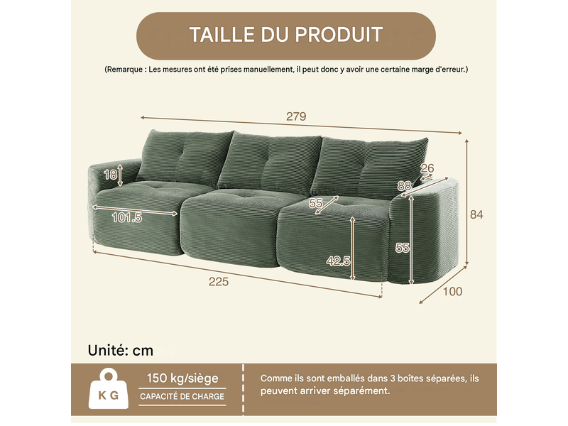 Canapé modulable 3 places 2+1 en velours côtelé vert sauge, 279 x 100 x 84 cm Fay Lum - Conforama C