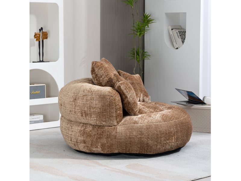  Fauteuil pouf modenvie en chenille café avec dossier haut et 3 coussins 108 x 108 x 52 cm  - Conforama D