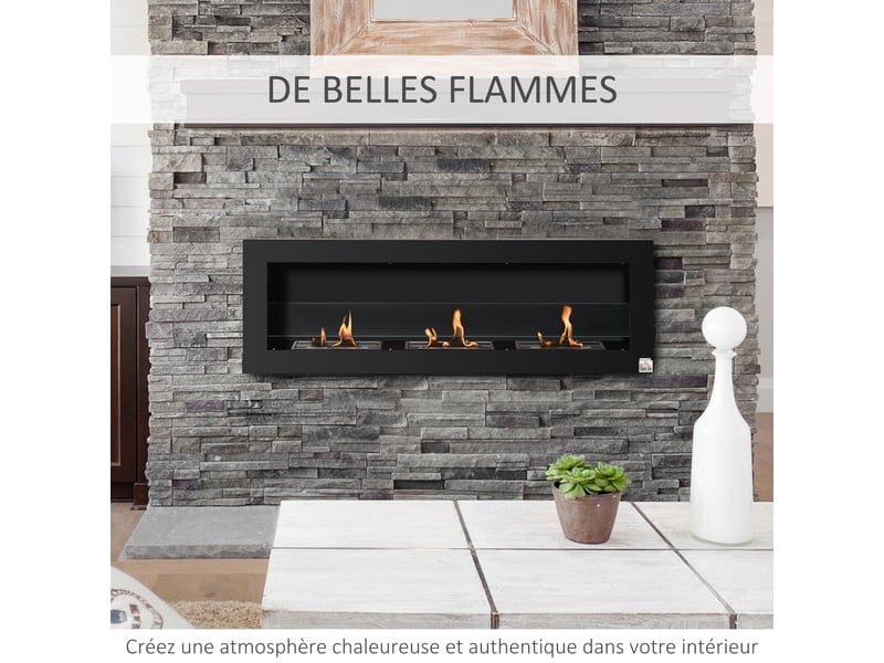  Cheminée bioéthanol murale encastrable 3 brûleurs 3 l au total, environ 3 h de durée de combustion, acier inox noir, dims. 120l x 15l x 40h cm  - Conforama R