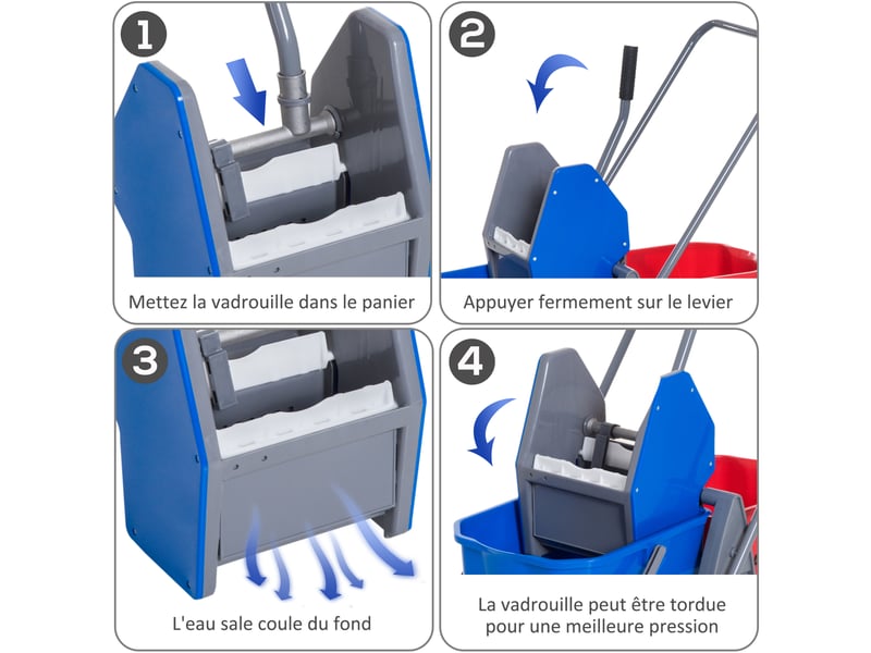  Chariot de lavage chariot de nettoyage professionnel presse à mâchoire 2 seaux 25 l 73l x 45l x 92h cm plastique gris rouge bleu  - Conforama R