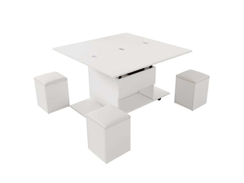  Table basse plateau relevable 3 en 1 avec 4 tabourets, convertible en table à manger, 100x50x48cm, panneau de particules, blanc  - Conforama W