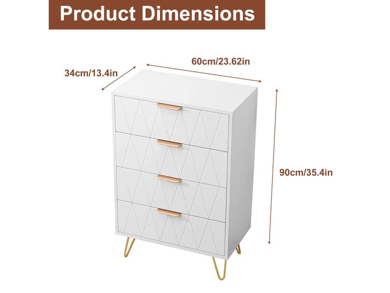  Commode 4 tiroirs blanche commode chambre adulte avec poignées en métal pour salon chambre entrée, 60 x 34 x 91 cm, blanche  - Conforama C
