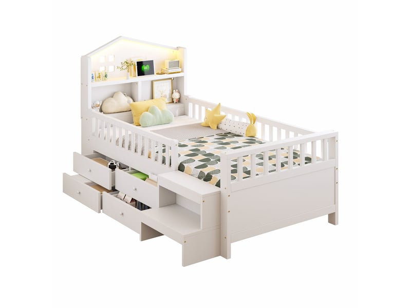  Lit enfant 90x200 cm avec tiroirs, led et ports usbtype-c en bois blanc sans matelas  - Conforama A