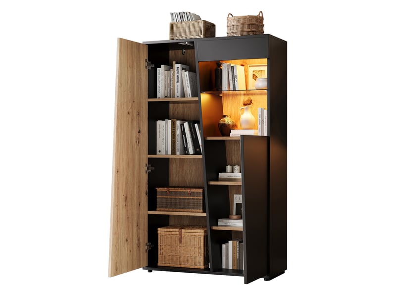  Vitrine avec led, portes en bois, paroi de verre, étagères réglables, multiple espaces de rangement, vitrine de collection haute pour salon, bureau, entrée, noir + bois, 80x35x139.5cm  - Conforama A