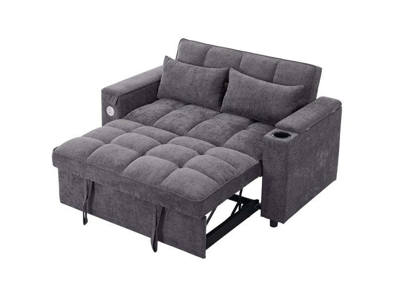  Canapé convertible 2 places avec dossier réglable, prises usb et type-c, tissu gris  - Conforama A