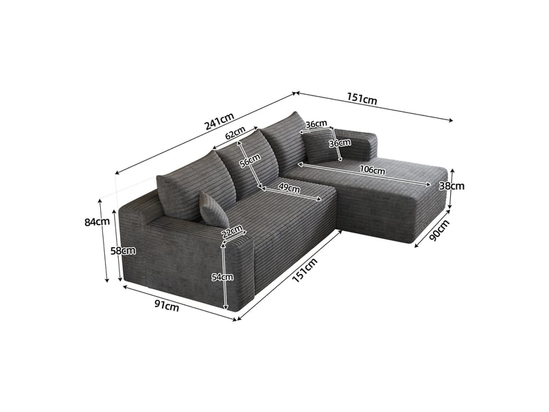  Canapé d'angle droit en l canapé modulable canapé compressé 3 places canapé nuage en velours côtelé avec accoudoirs - gris  - Conforama W
