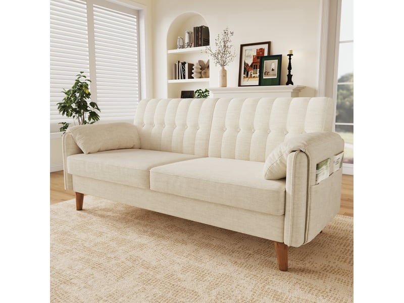 Canapé droit 2 places avec coussins amovibles, poches latérales et pieds en bois, en chenille beige - Conforama D